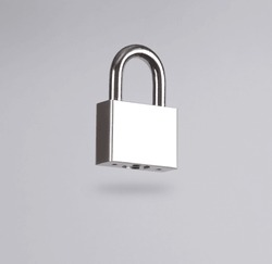 Metal padlock levitating on gray background with shadow
