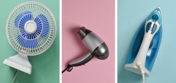 Household items for comfort and going with themselves: fan, iron, hairdryer on a pastel background. Technological products for housewife. Top view. Flat lay.