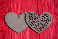 Red Painted Wood and plywood heart. painted old wooden wall. red background, red plank background