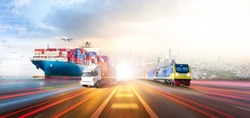 Global business logistics import export and container cargo freight ship, freight train, cargo plane, container truck on highway at city background with copy space, transportation industry concept