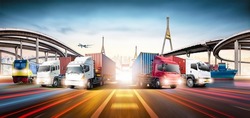 Global business logistics import export and container cargo freight ship, freight train, cargo plane, container truck on highway at cityscape background with copy space Transportation industry concept
