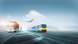 Cargo container transport logistic distribution import export concept of freight train, plane and truck on highway road at blue sky, copy space, global business and modern transportation background