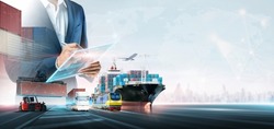Business and technology digital future of cargo containers logistics transportation import export concept, Manager using tablet online tracking control delivery distribution on world map background