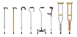 Set of walking sticks and crutches. Telescopic metal canes, wooden cane, cane with additional support,  elbow crutch, telescopic crutch, wooden crutch. Medical devices. Vector illustration