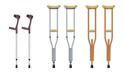 Set of crutches. Elbow crutch,  telescopic metal crutch,  wooden crutch. Medical equipment for rehabilitation of people with diseases of musculoskeletal system. Isolated objects. Vector illustration