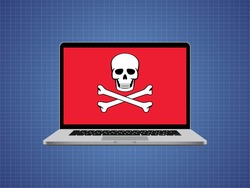 computer hacked with skull symbol and danger alert
