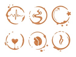 Collection of coffee cup round stains shaping symbols of heart, star, bean, steam, aroma, cardio pulse line. Logo for cafe, coffee house or perk. Vector drops and splashes on white.