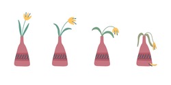 Stages of withering, a wilted flower in a vase, abandoned plant without watering and care. Cut flower dying. Vector illustration, handdrawn organic flat style