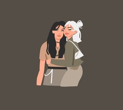 Vector illustration of two happy smiling,beauty best friends teenage girls hugging and drink coffee cocktails together.Isolated illustration.Cartoon people design concept.Best friends together vector.