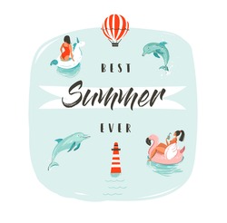Hand drawn vector abstract summer time fun illustration with swimming happy people in water with jumping dolphins and modern typography phase best summer ever.