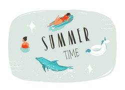 Hand drawn vector abstract summer time fun cartoon illustration with swimming people,surfer on long board,unicorn float ring,dolphin and modern typography quote Summer time isolated on blue background