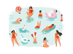Hand drawn vector abstract cartoon summer time fun swimming people group collection illustrations set isolated on blue ocean waves