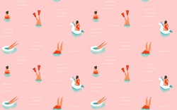 Hand drawn vector abstract cartoon summer time fun illustration seamless pattern with swimming people isolated on pink background.