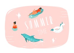 Hand drawn vector abstract summer time fun cartoon illustration with swimming people,surfer on longboard,unicorn float ring,dolphin and modern typography quote Summer time isolated on pink background
