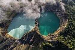 Panoramic Aerial view of Kelimutu volcano and its crater lakes, Flores, Indonesia
