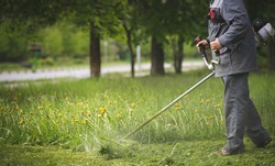 A worker in protective clothing with a trimer in his hands, mows the grass on the lawn. The powerful mower mows flowers and other plants. Territory care.