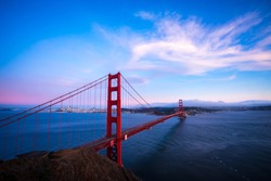 Blue Hour Sunset overlooking gorgeous national monument and landmark suspension bridge San Francisco at the Golden gate bridge