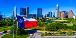 ATX City Skyline Texas Flag patriotic National Pride Displays the Lone Star State with a Colorful Austin Texas Skyline Cityscape Capital Cities Background on a Nice Sunny Summer Blue Sky Day