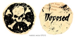 Two sides of the Black Spot. Vector clipart of pirates artifact from Stevenson's novel Treasure Island. Charcoal sketch of Jolly Roger crossbones, word 'Deposed' on the torn paper piece of Apocalypse.