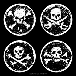 Vector set of realistic pirate Black Spots. Collection of vintage classic Jolly Roger signs. Charcoal sketches of the skulls and crossbones with a crossed boarding cleavers. Isolated round stickers.
