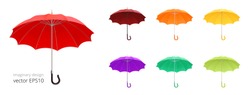 Open umbrella cane. Vector collection of 3d realistic rain umbrellas. 12 ribs and classic crook handle. Set of gamps with a different colors. Red, brown, orange, yellow, purple and green canopies