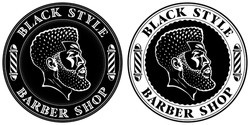 Black style, barber shop. New logo designs for some Afro American hairdresser. Head of cool bearded black man with a taper fade haircut. Barber's poles and curved vintage font in the round frames.