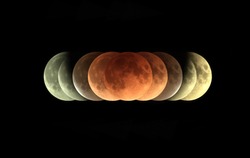 Time series of total Lunar eclipse on 31 January 2018 as it appeared as supermoon at perigee and also a blue Moon as a second full moon of January 2018
