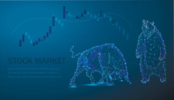 Concept of stock market exchange or financial technology, polygon bull and bear. Abstract image in the form of a starry sky or space, consisting of points, lines, and shapes.