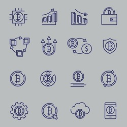Set of 16 cryptocurrency vector icons. Bitcoin, Litecoin, Dash, Zcash, Ethereum, Monero, Ripple, Dashcoin, Stratis, BitShares, NEO, Dogecoin, Bytecoin, Navcoin, NEM, Cardano. Digital currency.