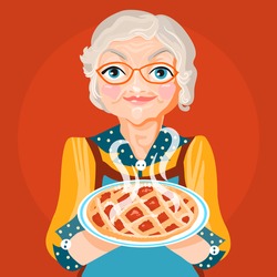 Cute, cartoon, flat character grandmother , grandma,  in a orange dress and glasses with cooked, fresh baked pie