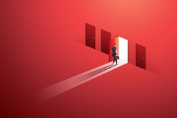 Businessman walking open door of choice path to goal success on wall red. illustration Vector