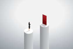 Businesswoman standing thinking of a way to go to red door to goal success. illustration Vector
