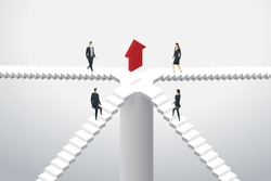 Business people group are walking up the stairs to arrow red to the target goal. isometric concept illustration