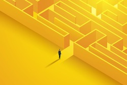 Businessman stands in front of the entrance to a large complex labyrinth. With challenges, decide to solve business problems, overcome the maze. and found success. Vector  illustration.
