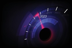New year 2023 car speedometer, red indicator on black blur background