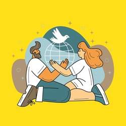 A man and a woman are holding a globe in their hands. A white dove flies above them. Peace and religion symbol. Flat illustration.