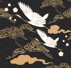 Japanese seamless pattern with crane birds elements vector. Asian background with oriental decoration such as hand drawn bonsai tree and cherry blossom flower icon in vintage style.