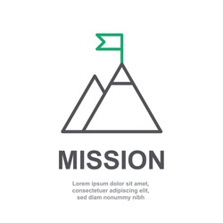Mountain mission peak line vector icon sign with green flag. Business or company management goal concept. Isolated on white background. Callenge target. Abstract top of success symbol. V3 form SET3