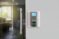 Door access control by Fingerprint Scanner, Facial recognition and Key Card, Security Concept.