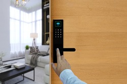 Fingerprints or finger scan to open digital door lock, Apartment, condominium door control system using digital door locking. Smart Security, safety concept.