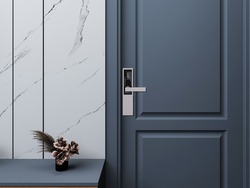 Digital door lock systems for good safety of home apartment door. Digital door handle with blue door panel.
