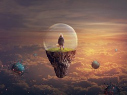 Little girl on a floating island covered with glass bubble; Disease-virus protection concept; Elements of this image furnished by NASA