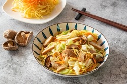Stir fried noodle with vegetable and shiitake mushroom for Chinese vegetarian festival