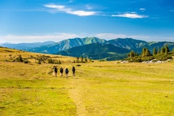 Group of trekkers hikers with backpacks descending with veiw of Maramures ridge from Rodna Mountains, Muntii Rodnei National Park, Romania, Romanian Carpathian Mountains, Europe.