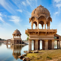 landmark of India and Rajasthan. Gadi Sagar (Gadisar) Lake is one of the most important tourist attractions in Jaisalmer, Rajasthan, North India. 