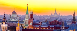 Evening Moscow, View of the Moscow Kremlin, the Cathedral of Christ the Saviour and the University. Russia