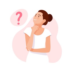 WOMAN THINKS. Thought bubble. Girl thinking about problems, finance, life, relationship etc. Question. Girl solves a problem. Mom doubts. Woman with question mark. Cartoon vector illustration
