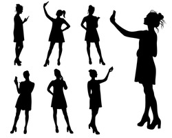 Young girl taking selfie and talking on mobile phone, set of vector silhouettes.