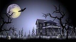Halloween. Haunted house, trees, skulls and bat under full moon. Hand drawn vector illustration.