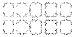 Set of hand drawn floral frames isolated on white background, vector. Silhouette and outline frames of leaves. Doodle style.